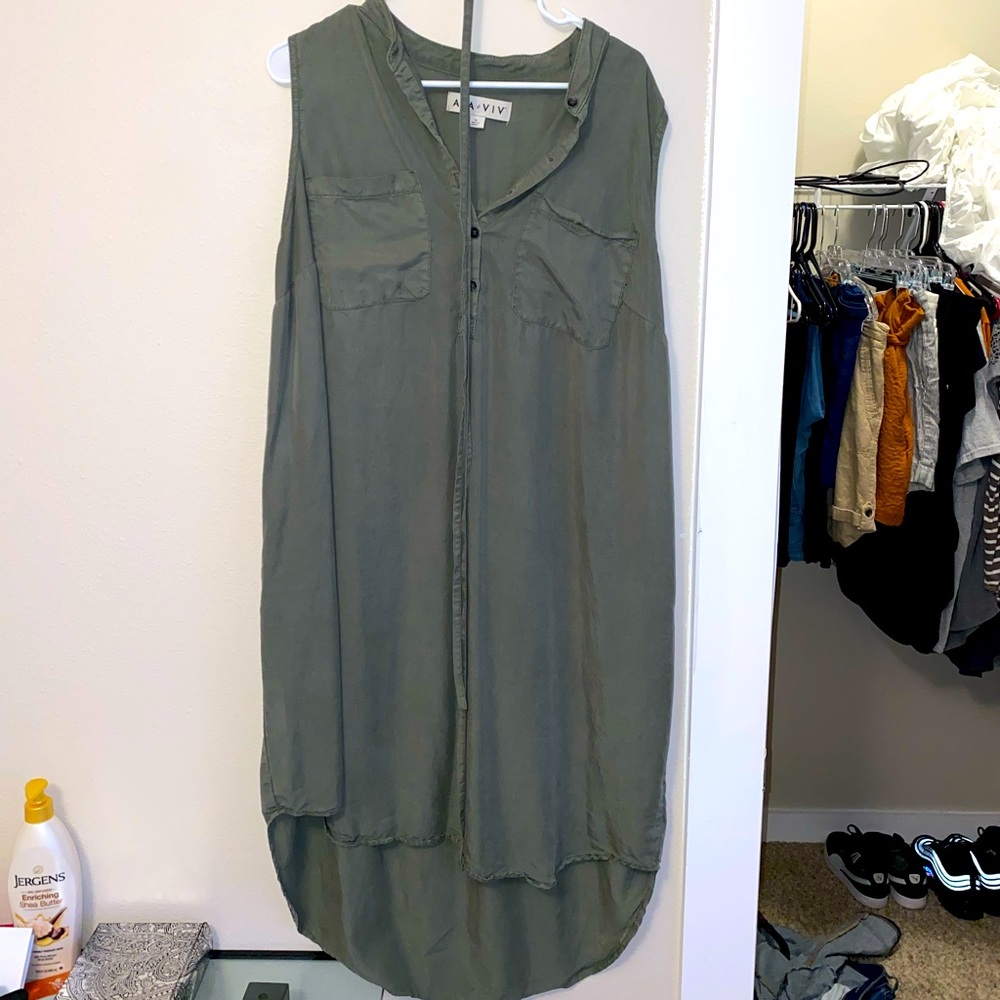 Ava & Viv army green dress tie waist sleeveless button up dress